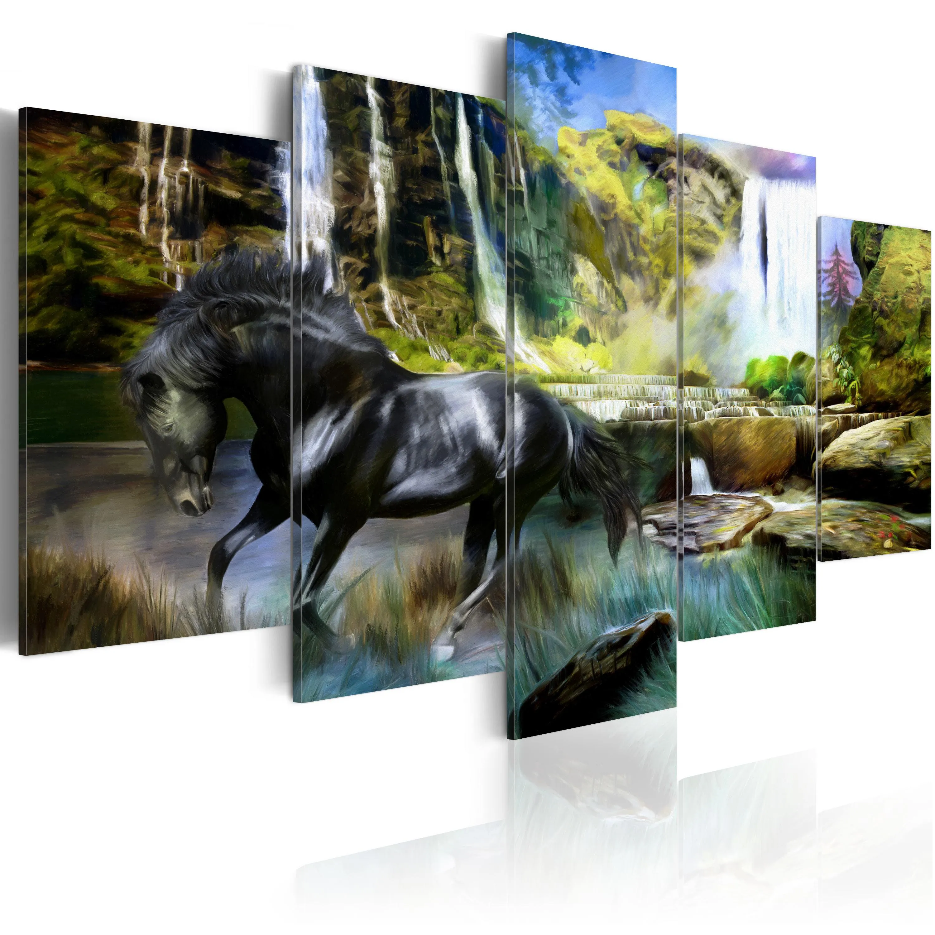 Black horse on the background of paradise waterfall billede