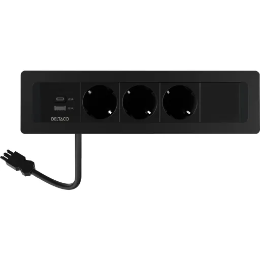 Deltaco indbygget stikkontakt 3 udtag A+C USB sort