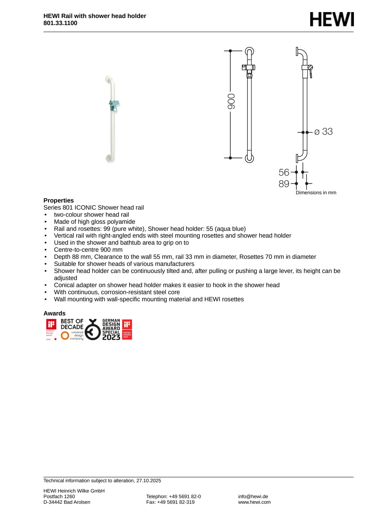 Hewi 801 støttegreb/brusestang 90 cm